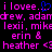 Pixelated text in bright pink and blue on black background, displaying names with heart symbols.