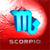Static pixelated icon featuring a blue Scorpio zodiac symbol on red background with partially visible text below.