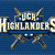 Pixelated blue background with golden text reading 'HIGHLANDER' and 'THE LEGEND LIVES' in a stylized font, featuring crossed swords beneath the text.