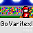 Animated pixel art sequence showing a red-clad character with white face and hat holding a bat, standing on green ground against colorful static background, repeating 'Go Varitex!' text.
