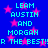 Blue background with pink stars and cyan text repeating 'LEAM AUSTIN AND MORGAN OR THE BEST!!' in a pattern
