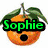 Pixelated orange fruit with green leaves and black eyes, overlaid with green text "Sophie" on white background; adjacent orange background with brown text "Aww Is orange :(" and cyan "Is"; bottom left shows colored circles with yellow "Da"; bottom right displays red "Best!" over fire-like shape
