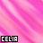nine identical pink striped backgrounds with the word 'CELIA' in black and white pixelated text, each letter outlined in red