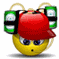 Yellow smiley face with blue eyes wearing red cap and green-and-black backpack, static expression across frames.