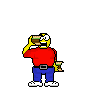 A cartoon character in a red shirt and blue pants holds a telescope, then a book, with changing expressions and a final explosion and smoke effect.