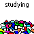 A colorful pixelated character with a blue hat and green body stands in a repeating pattern, surrounded by the word 'studying' in black text above and below