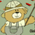 Pixelated cartoon bear wearing a safari hat and holding a stick, standing against a light green background with red accents.