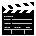 Two pixelated clapperboard icons with black bodies, white and gray horizontal lines, and a top section of alternating black-and-white diagonal stripes.