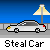 Pixel art animation of a character stealing a car, showing sequential actions from approach to completion against a blue sky and streetlamp background.