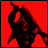 A 48x48 pixel buddy icon split into two sections: a red background with dark silhouette on the left and black background with white text on the right.