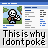 Pixelated character with white skull-like face and blue clothing stands in front of green foliage background, holding a brown object, with repeated text "This is why I dont poke" below.