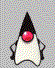 Animated character with black triangular head, pink circular eye, white body, and changing hand positions against gray background.