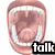 A static image shows a mouth with teeth, a yellow emoji face, and an AIM logo with a running figure, all overlaid with 'talk' text and a pink polka-dot pattern.