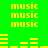 Yellow pixelated text and audio waveforms on a bright green background, with repeated 'music' text and changing bar patterns.
