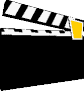 Two side-by-side clapperboard icons with black-and-white striped top halves and solid black bottom halves, each featuring a yellow rectangular tab on the right.