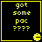 Yellow pixelated text on black background with Pac-Man icon, four identical arranged in a