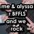 Animated icon shows multiple pink hands forming a star shape with text overlay reading 'me & alyssa r BFFLS and we rock' on a dark background.