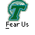 Two identical green and blue cartoonish 'T' shaped icons with pixelated edges displayed on a gray background, each labeled "Fear Us" below the icon.