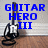 Pixelated image showing a black electric guitar on a stand with blue text reading "GUITAR HERO III" over a gray and brown background.