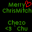 Green pixelated text 'Merry ChrisMitch Cheio <3 Chu' on black background with red heart symbol replacing the 'y' in 'Merry'.