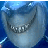 Pixelated image of a shark's face with sharp teeth on the left, next to bright pink text reading 'Fish are not food' and 'FRIENDS' in all caps on a blue background.