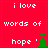 Red background with white text reading 'i love words of hope' and a green Christmas tree icon, arranged in a