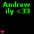 Green text 'Andrew' and 'ily <33' with pink hearts animating in vertical stacks on a black background, gray rectangle in bottom-right corner.