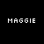 Two pixelated text displays of 'MAGGIE' on black background, one white and one pink.