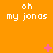 Orange background with repeated white text "oh my jonas" and pink star-like symbols in a pattern