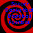 Four identical red and black spiral patterns with blue text listing sports terms, arranged in a on a solid black background