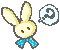 Pixelated bunny with yellow ears and blue bow tie, showing two distinct expressions and a speech bubble with a question mark.