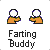 Animated pixel art of two orange figures with white heads, one holding a green door knob, with text below reading "Farting Buddy" and "Farting Buddy door knob!" in gray font.