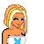 Pixelated cartoon woman with blonde hair holding a white object with blue X, next to text on pink and gray backgrounds.
