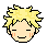 Pixel art of a character's head with spiky blonde hair, two expressions: left side winking and right side smiling with open eyes.