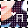 Pixelated image of a person with light skin and pinkish hair wearing a dark checkered outfit with a white star and white 'A' on the chest, set against a gradient background.