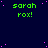 Dark blue background with scattered pink dots, green text reading 'sarah rox!' repeated in a pattern across the image