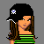 Pixel art buddy icon of a female skater character with green striped shirt, black shorts, white sneakers, and pirate hat on gray background.
