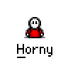 Animated contact sheet of 18 pixel art frames showing a red-shirted character with changing facial features and speech bubbles above the word 'Horny' on gray background.