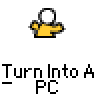 Animated contact sheet showing 15 sequential frames of a yellow stick figure transforming into a computer monitor with text "Turn Into A PC" and changing screen content across frames.