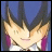 Pixelated anime-style character with spiky dark hair and purple side strands, closed eyes, and a slight smile against a blue background.