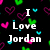 Pixelated black background with white text "I Love Jordan" surrounded by pink, green, and cyan heart shapes.