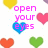 Pixelated heart-shaped icons in yellow, pink, blue, red, and green surround pink text reading 'open your eyes', 'before hers', and 'are gone &amp;#9829;'.