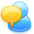 Yellow speech bubble with orange outline overlaps blue circular shapes on white background.