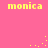 Yellow pixelated text 'monica' on pink background with scattered yellow dots in four corners.