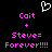 Pixelated text and symbols on black background with pink and white elements, including a heart outline and repeated 'Cait + Steve= Forever!!!!' text.