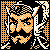 Pixelated orange and white character face with black background, framed by grid-like patterns on left and right sides.