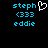 Pixelated blue text 'steph', '(333)', and 'eddie' on black background with white heart symbol next to first 'steph'.