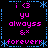 Pixelated text and symbols arranged in a on black background with blue borders, featuring pink and blue characters