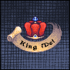 Pixel art icon featuring a red crown with blue gemstones on a scroll reading 'King Me!' against a dark grid background.