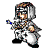 Pixel art character in white and brown armor with a helmet, holding a blue-tipped weapon, shown in multiple poses against a gray background.